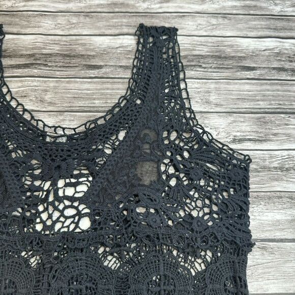 Keren Hart Women's Black Open Crochet Lace V Neck Tank Top Overlay L LG Large - Picture 6 of 11